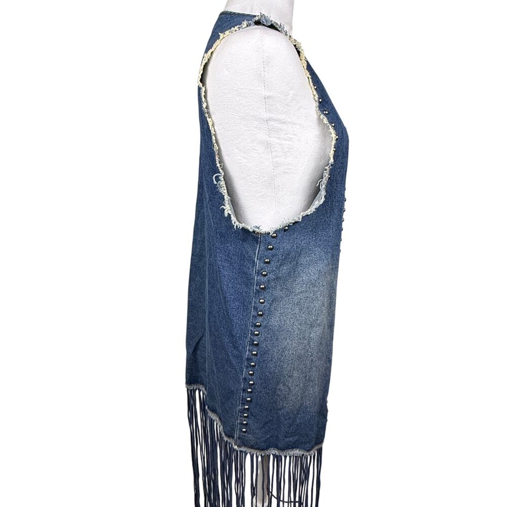 Crazy Train Denim Studded Fringe Vest Western Cowgirl Chic Rodeo Small - Picture 3 of 16